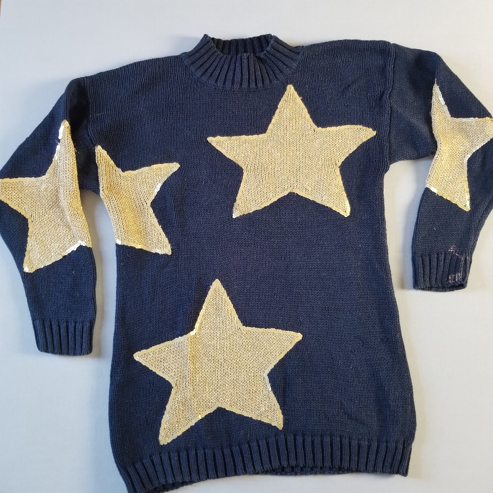 VTG navy & gold mock turtleneck knit pullover sweater - Picture 2 of 6
